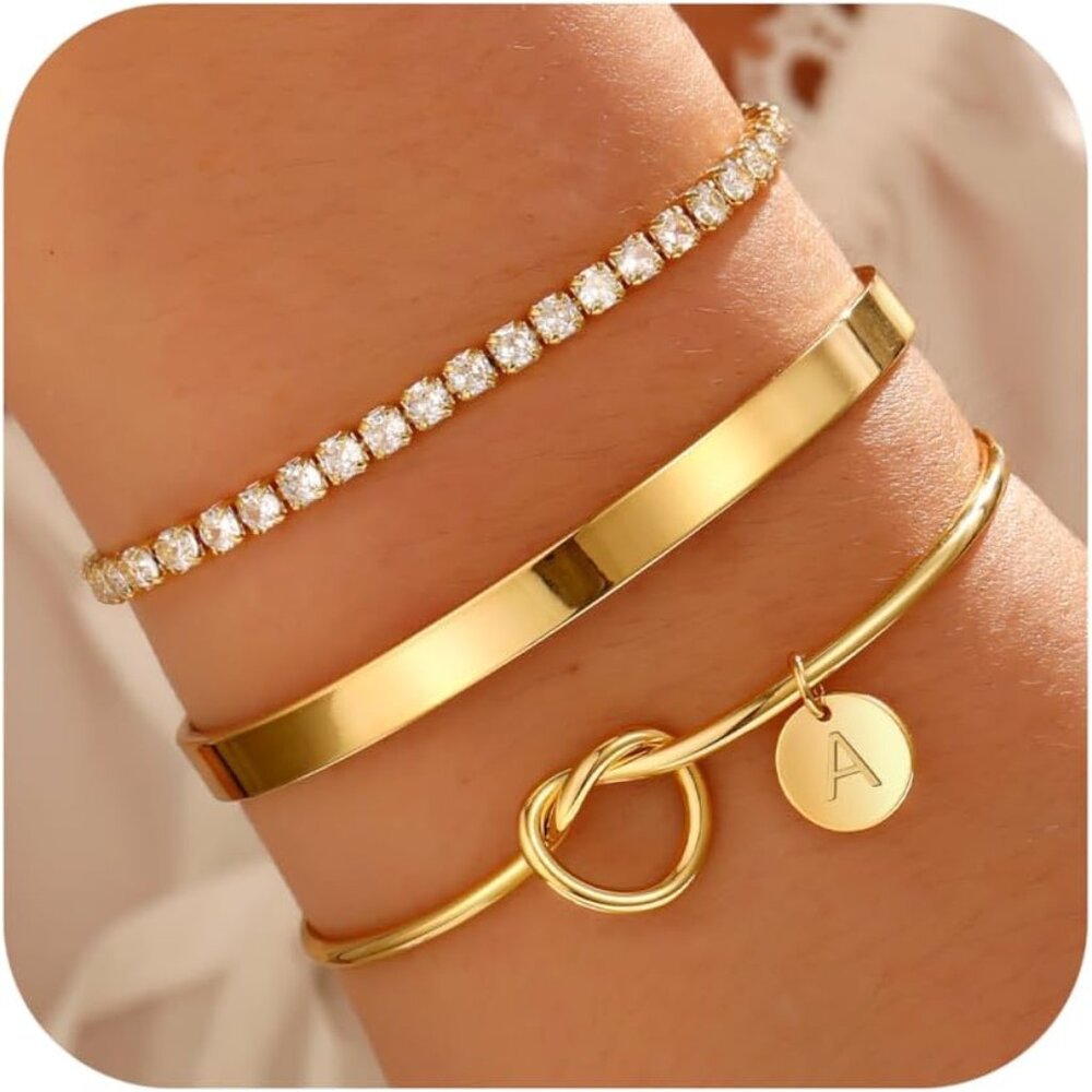 Personalized Gold Initial Bangles - Adjustable Te… - image 1